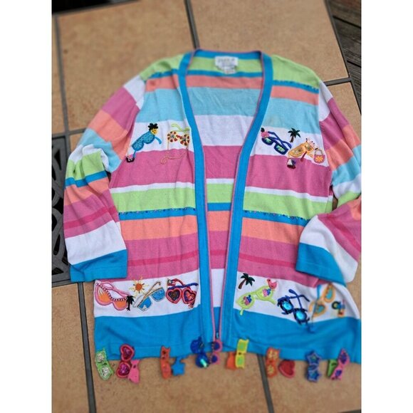 Just B Bright Cardigan Sweater S Sequin Sunglasses Embroidered Summer *read - Picture 1 of 5